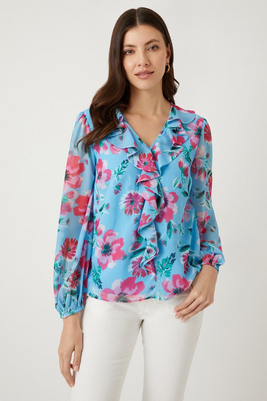 Blue Floral Ruffle Front Blouse