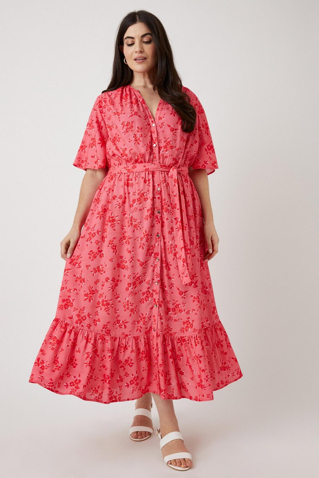 Curve Red Floral Button Through Tiered Midi Dress image number 1