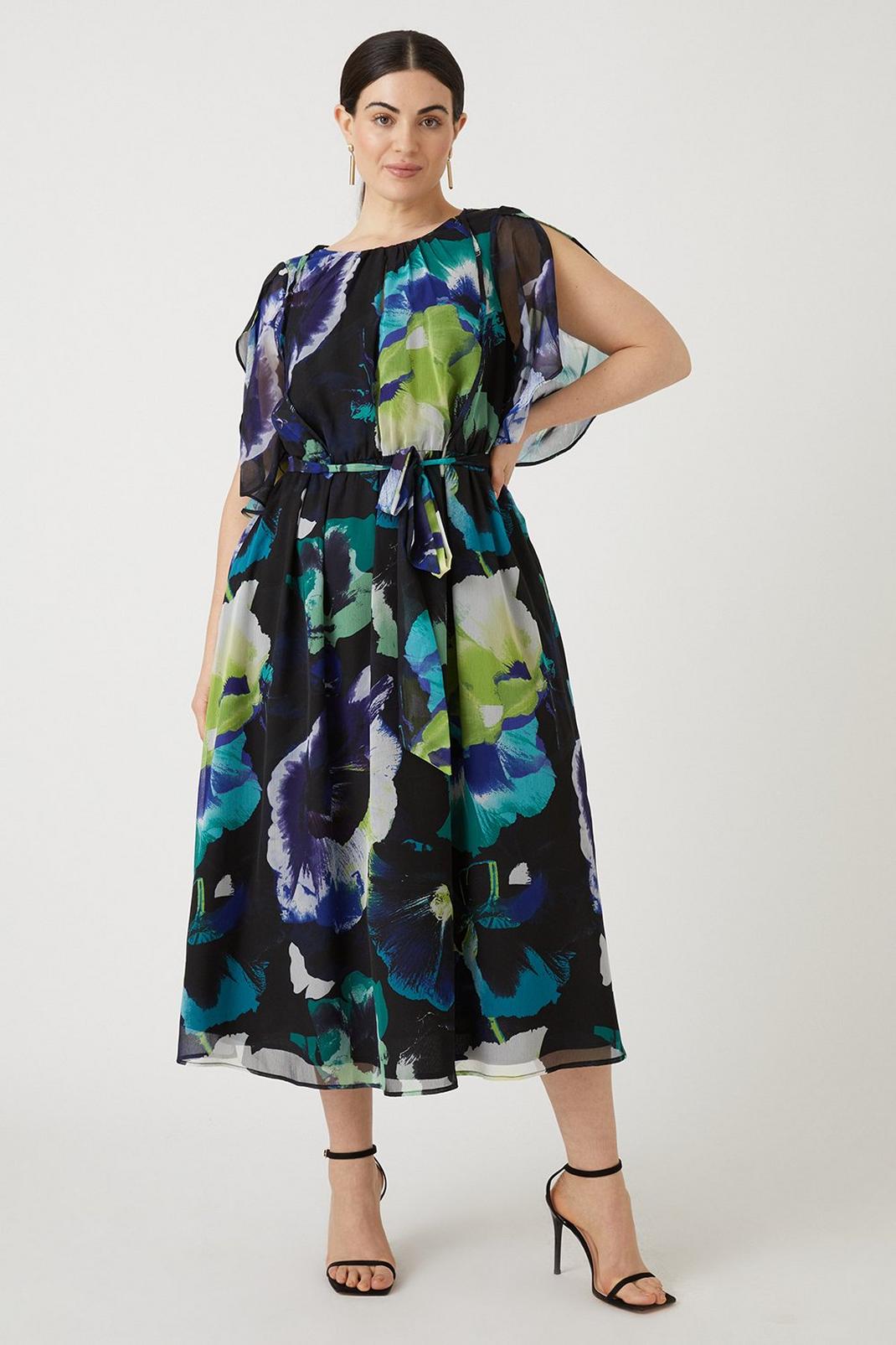 Green Curve Photographic Floral Midi Dress  image number 1