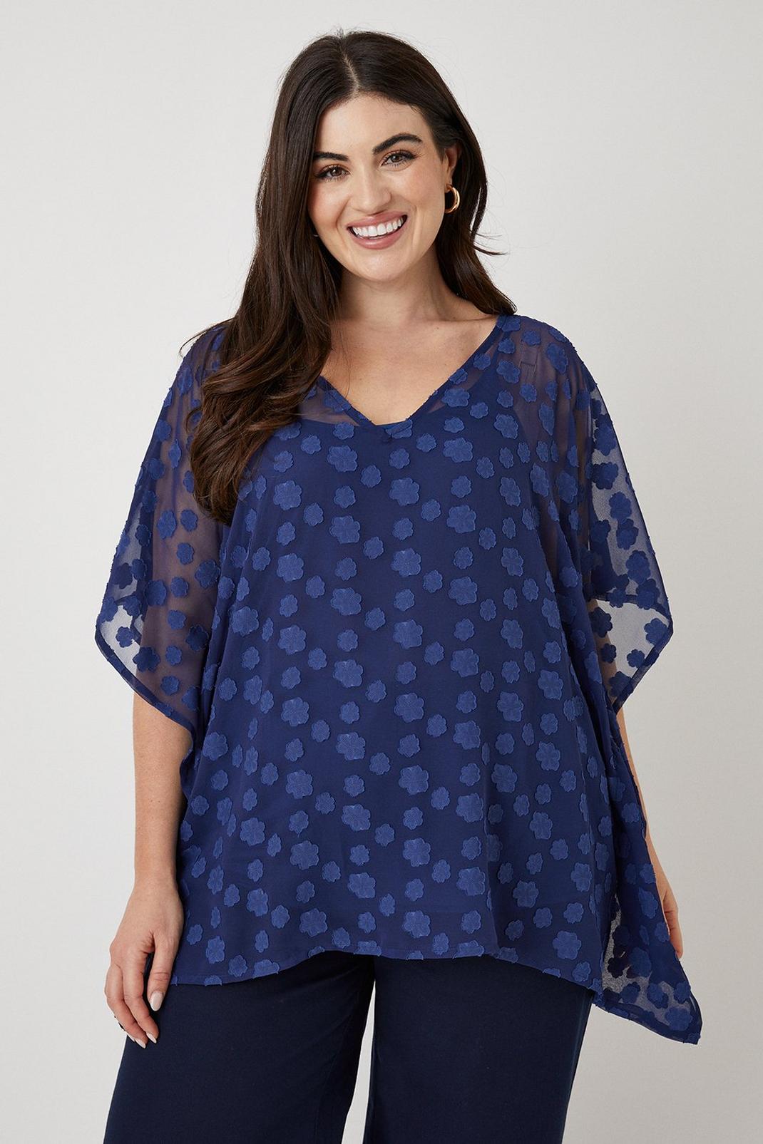 Curve Navy Floral Textured Oversized Woven Top image number 1