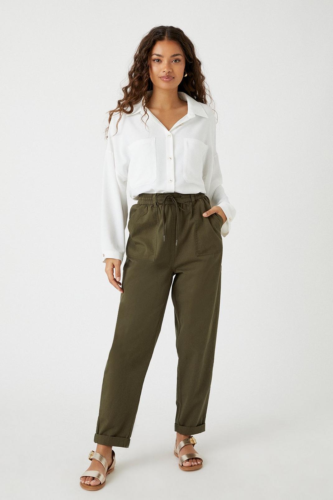 Khaki Petite Elasticated Tapered Roll Up Trousers image number 1