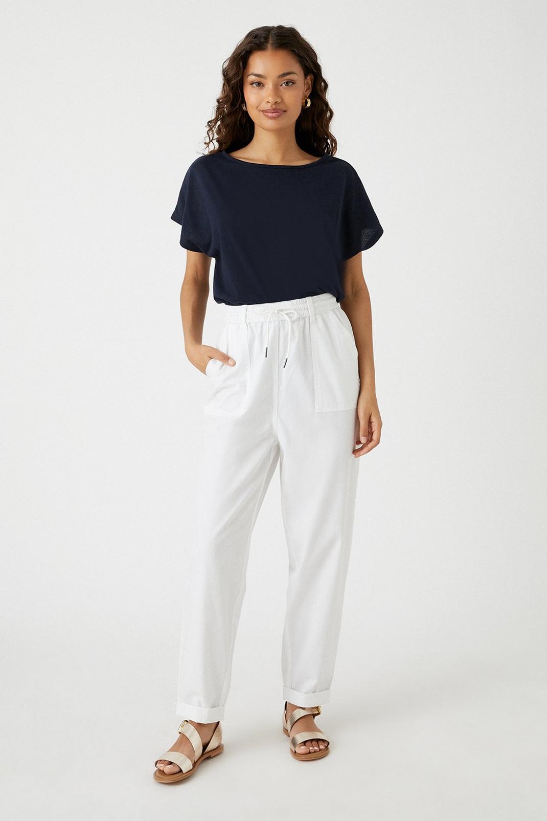 White Petite Elasticated Tapered Roll Up Trousers image number 1