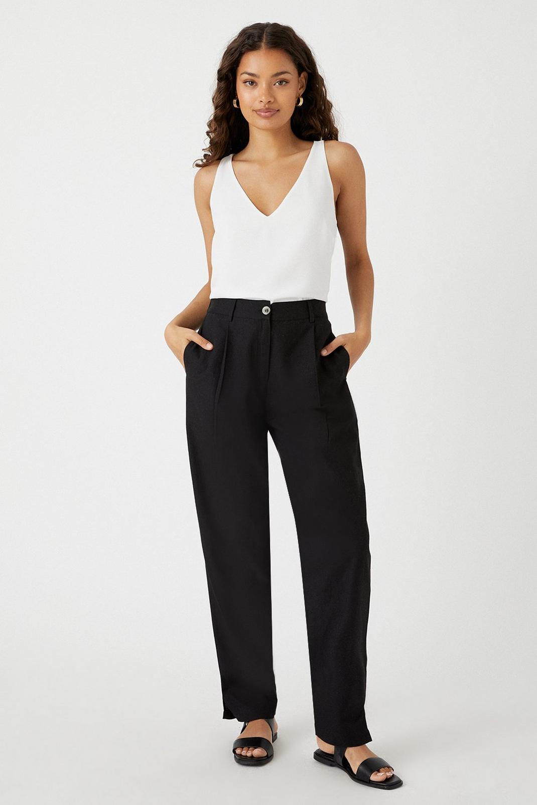 Black Linen Look Tapered Trousers image number 1