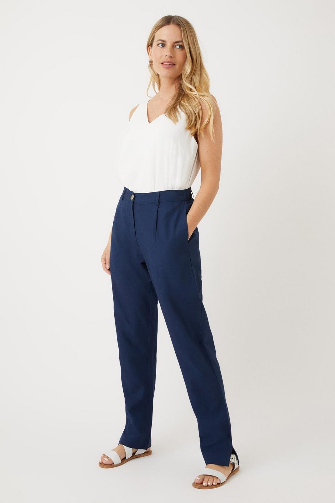 Navy Linen Look Tapered Trousers image number 1