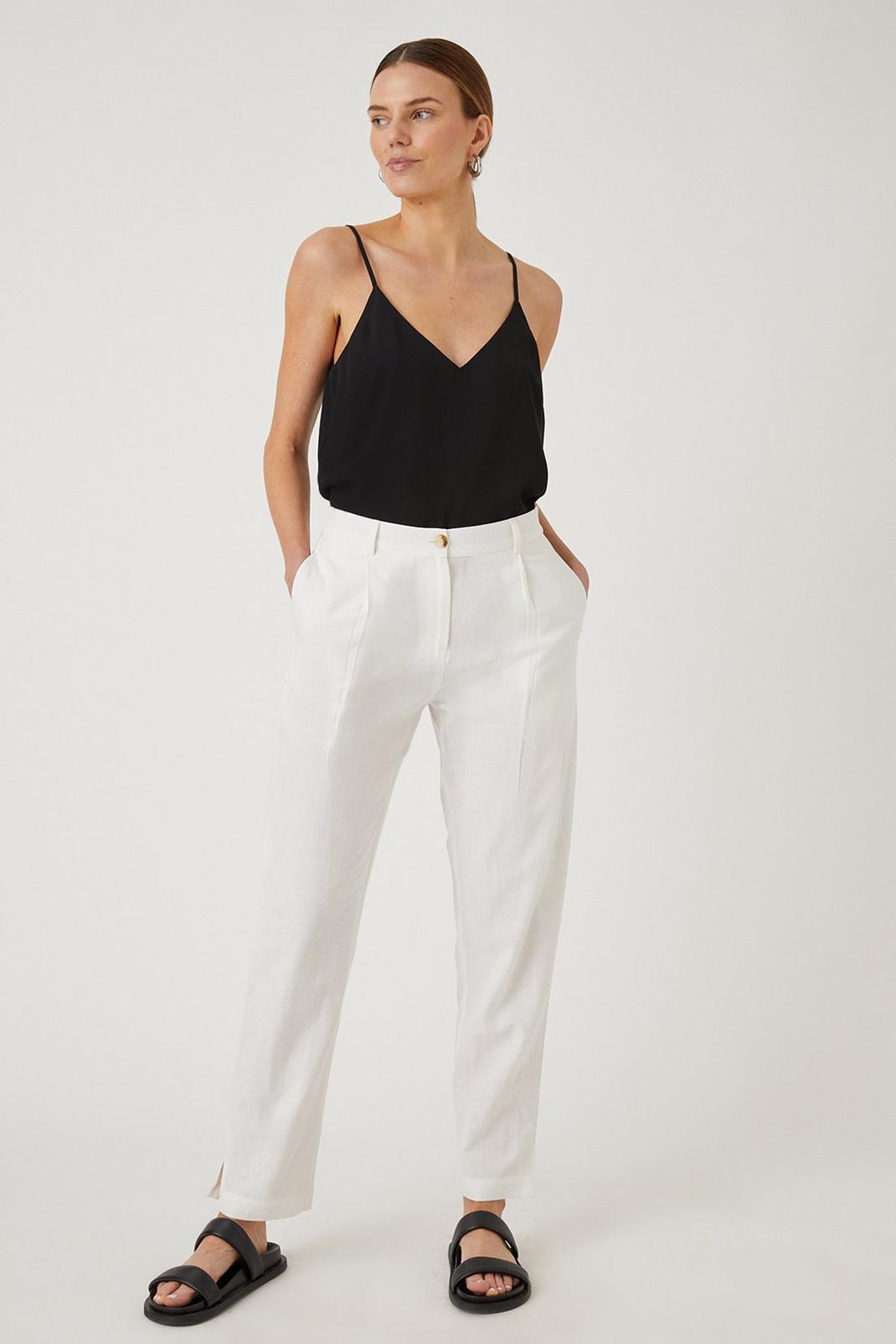 White Tapered Linen Look Trousers image number 1
