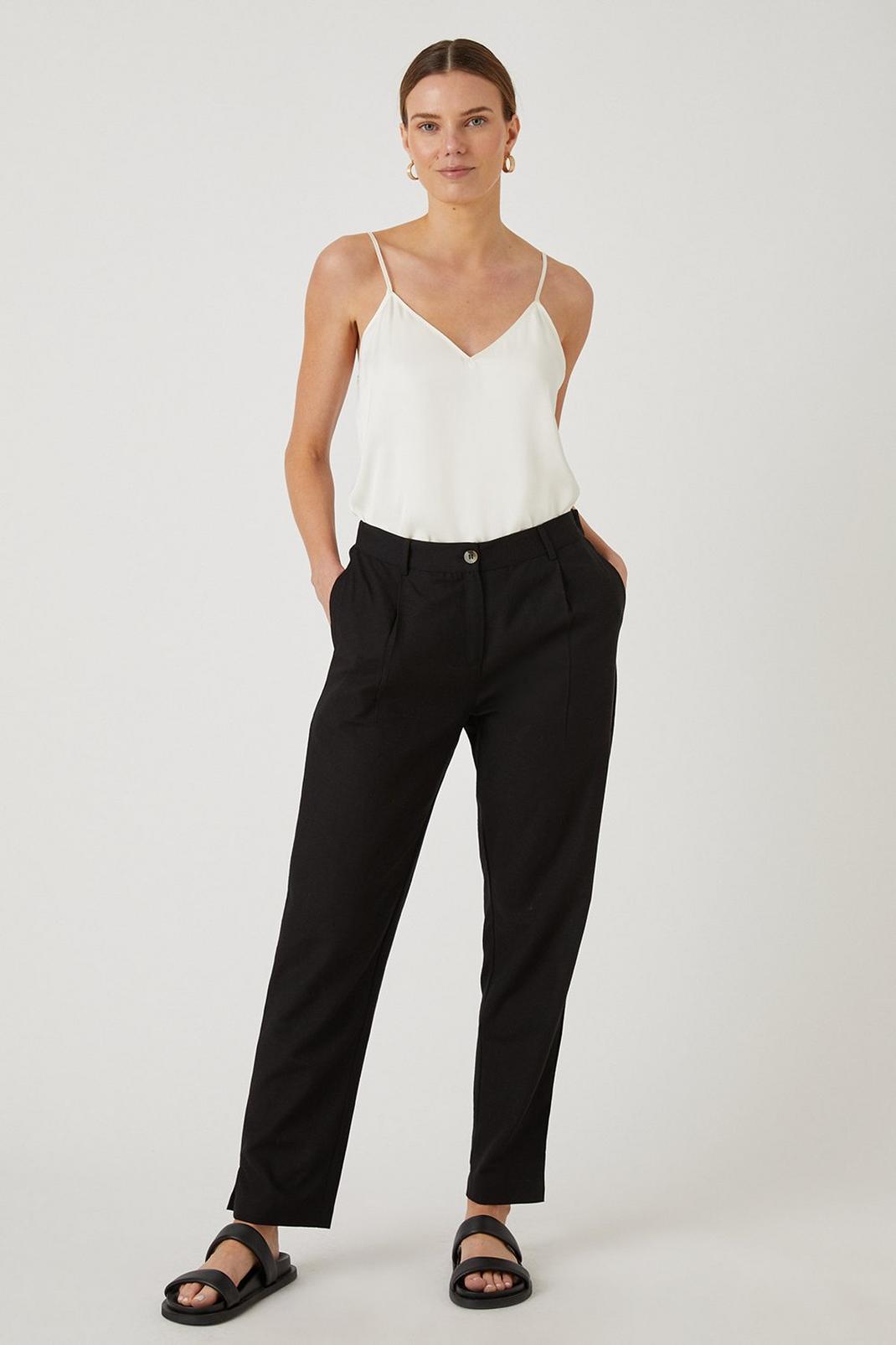 Black Tapered Linen Look Trousers image number 1