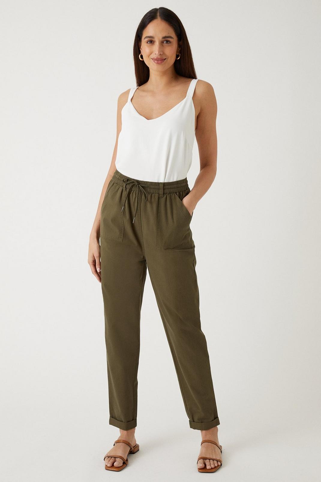 Khaki Elasticated Tapered Roll Up Trousers image number 1