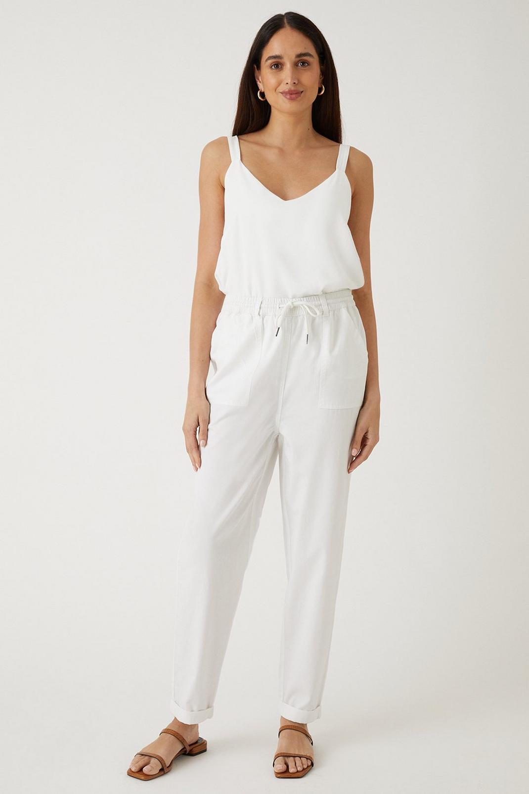White Elasticated Tapered Roll Up Trousers image number 1
