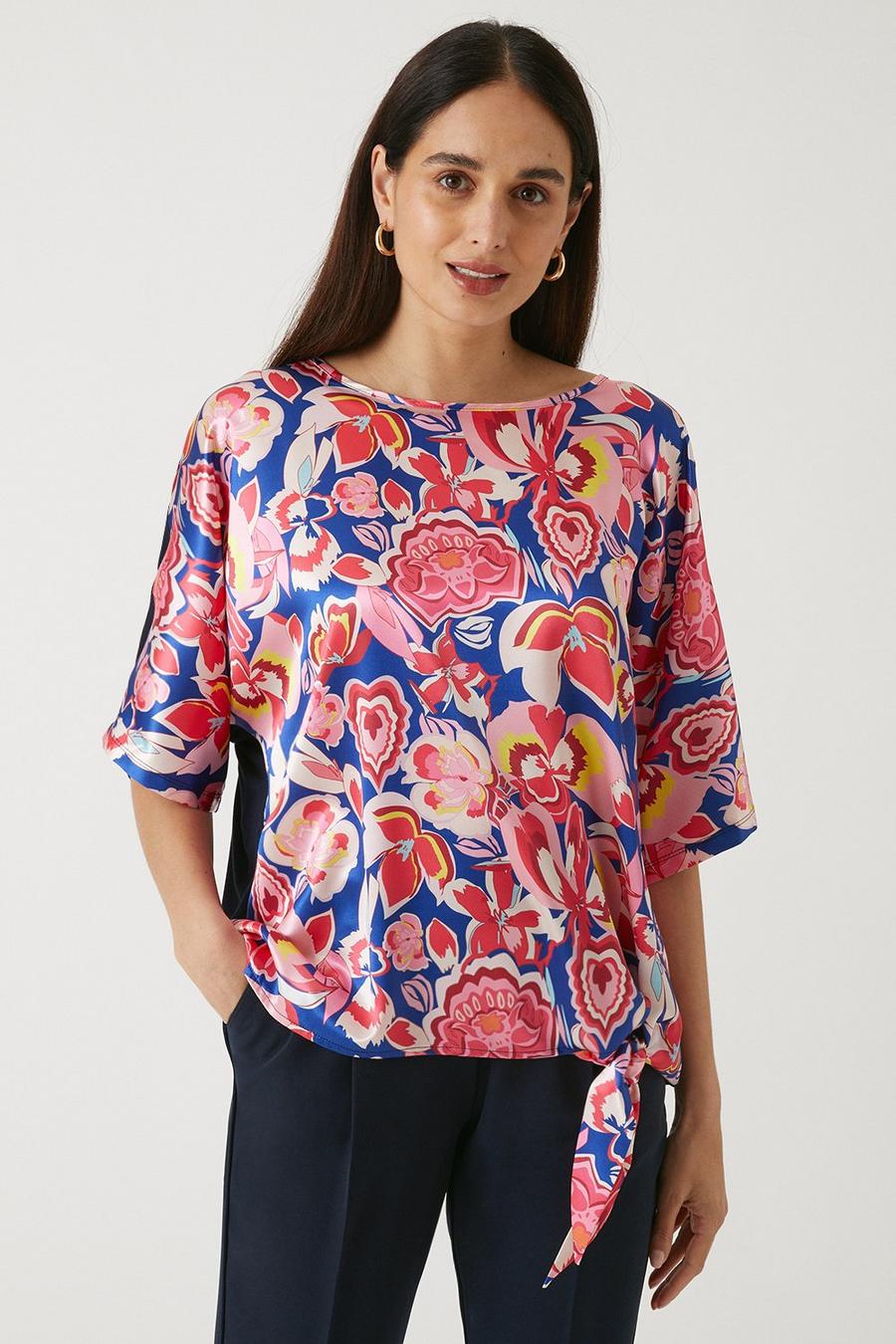 Floral Satin Jersey Back Tie Top
