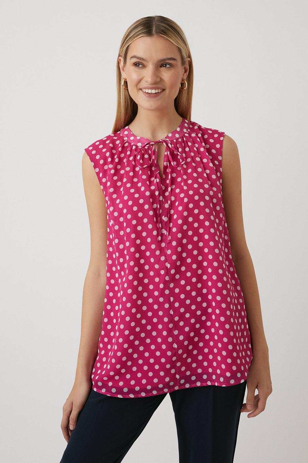 Pink Tall Magenta Spot Sleeveless Tie Neck Top image number 1