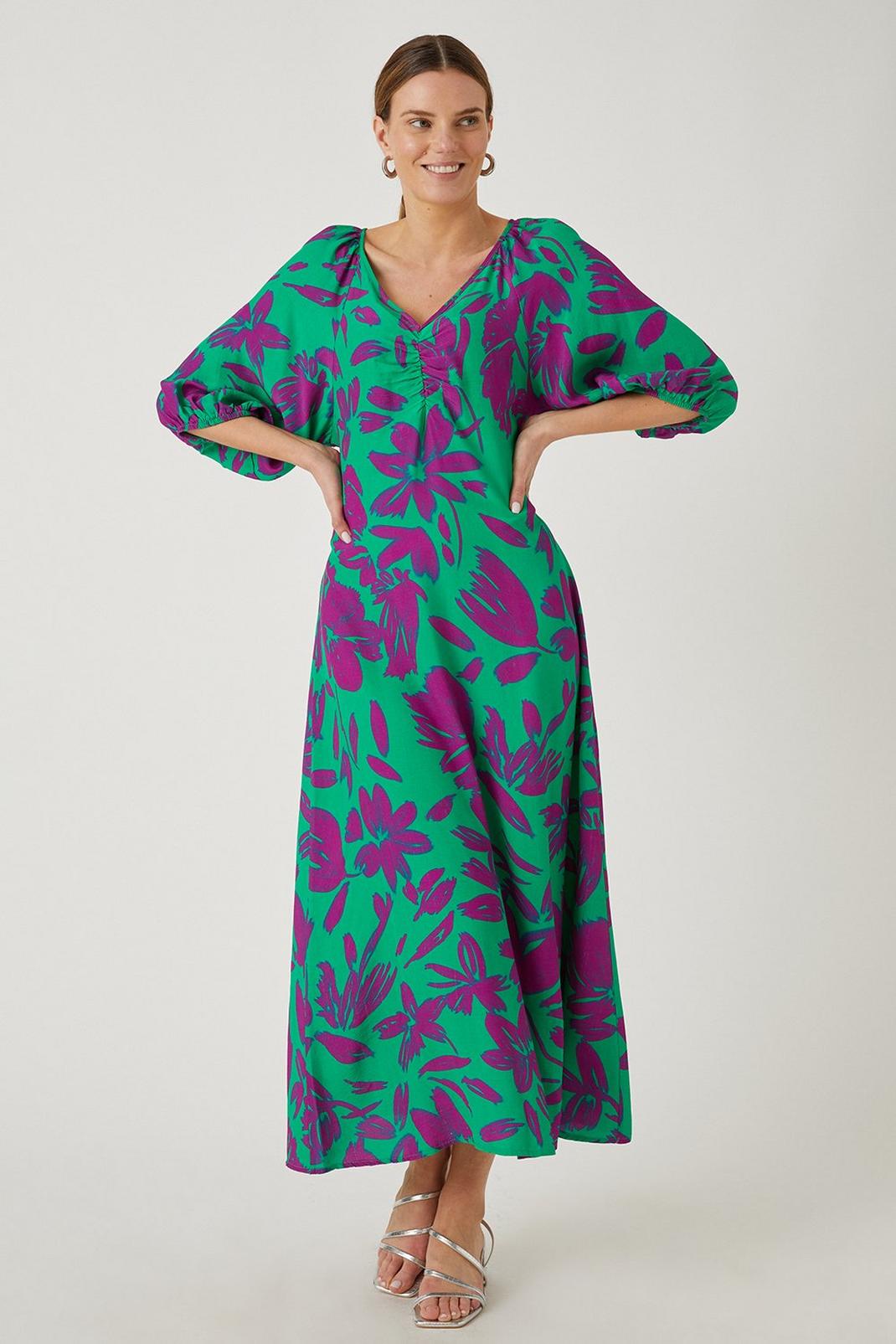 Green Floral Ruched Detail Maxi Dress  image number 1