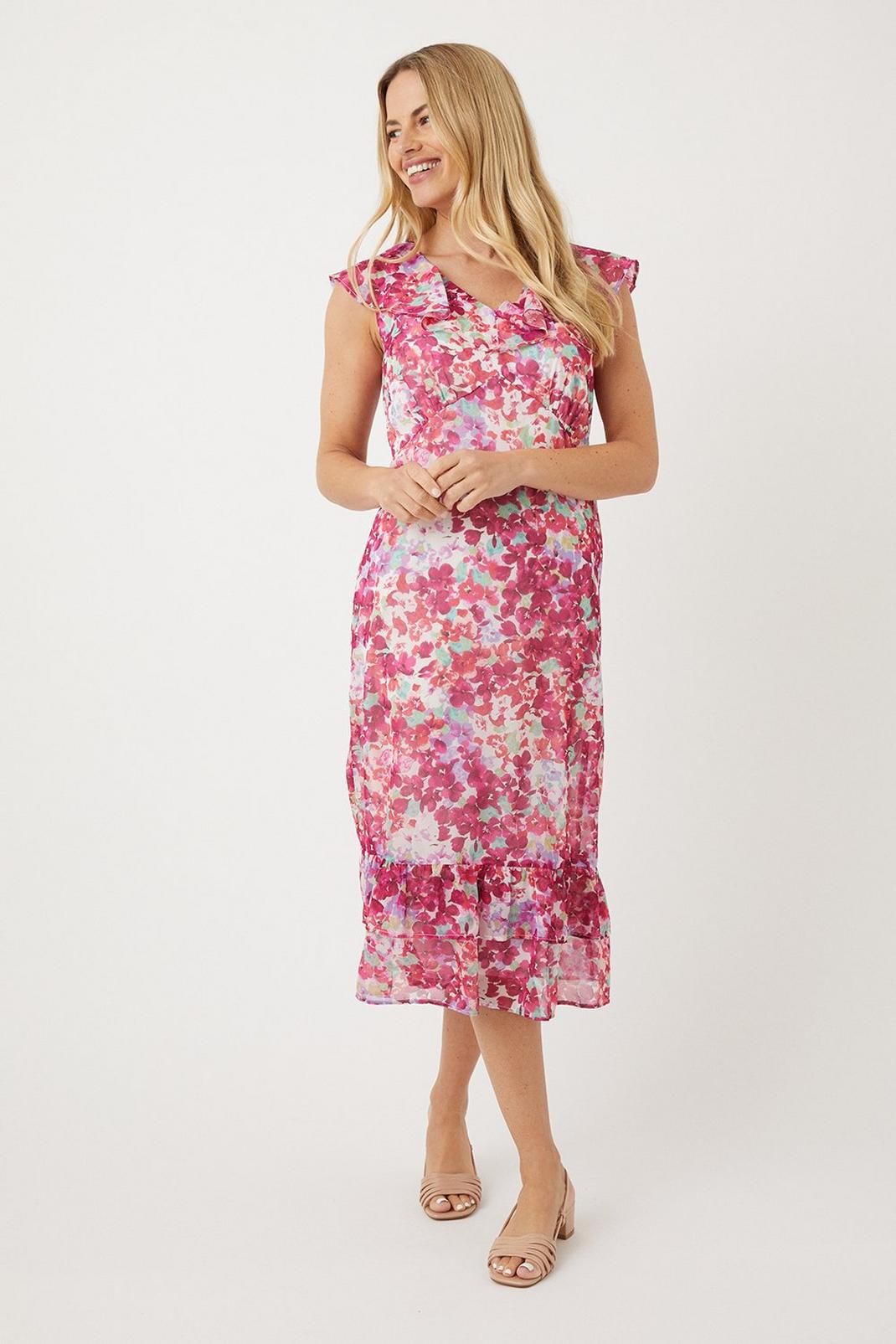 Petite Pink Abstract Ruffle Midi Dress image number 1