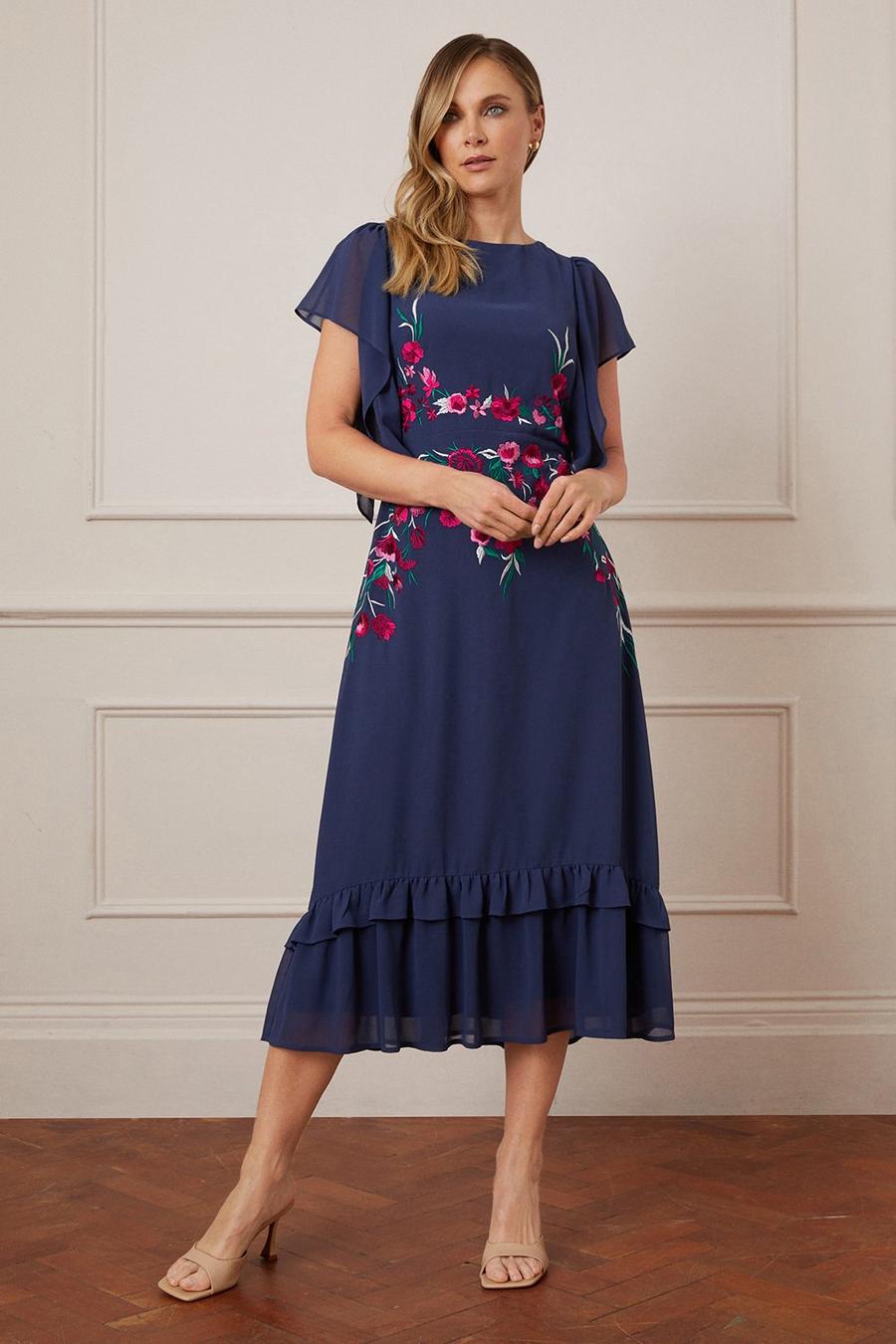 Premium Embroidered Waist Drop Hem Midi Dress