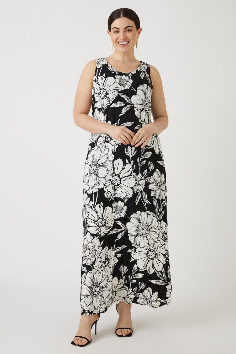 Curve Mono Floral Printed Jersey Maxi Dress
