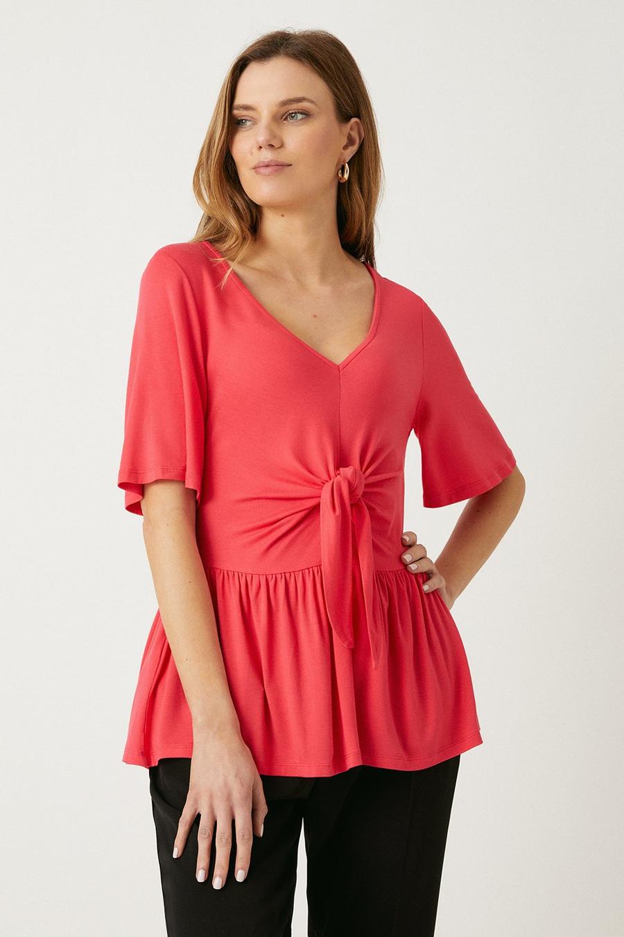 Bright Pink Tie Front Angel Sleeve Jersey Top