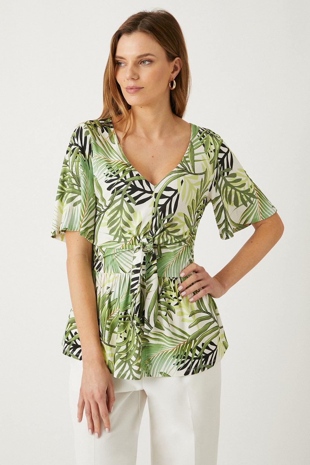 Cream Tropical Leaf Tie Front Angel Sleeve Jersey Top  image number 1