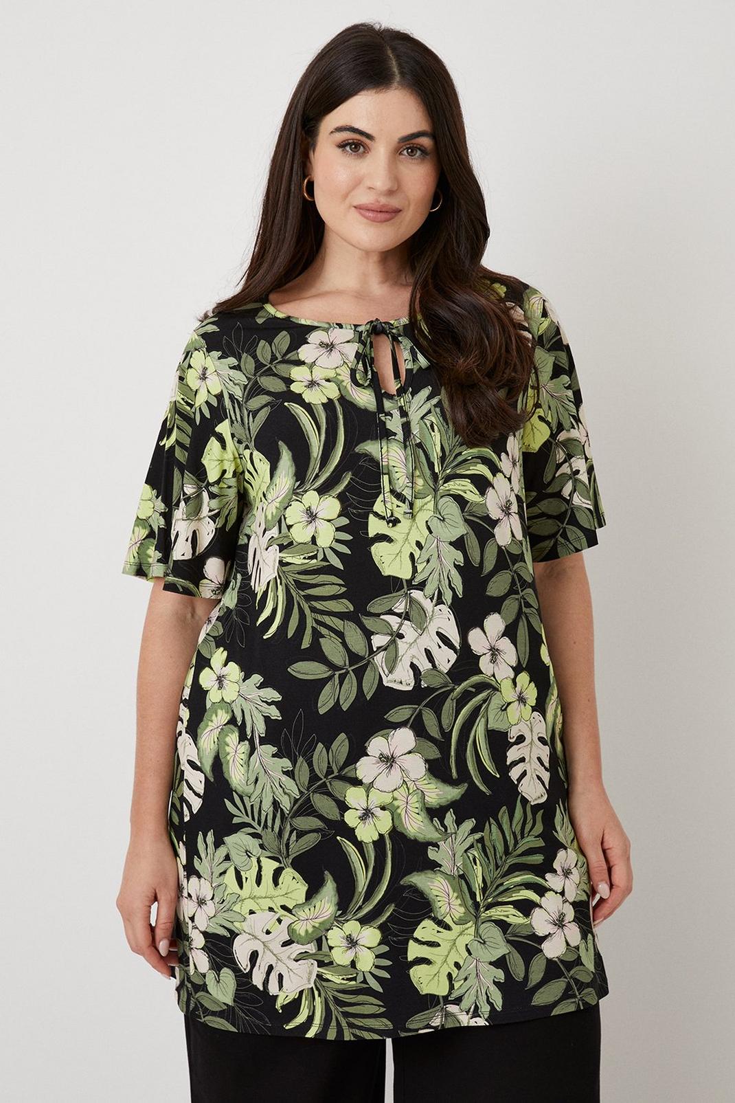 Curve Black Tropical Frill Sleeve Jersey Tunic  image number 1