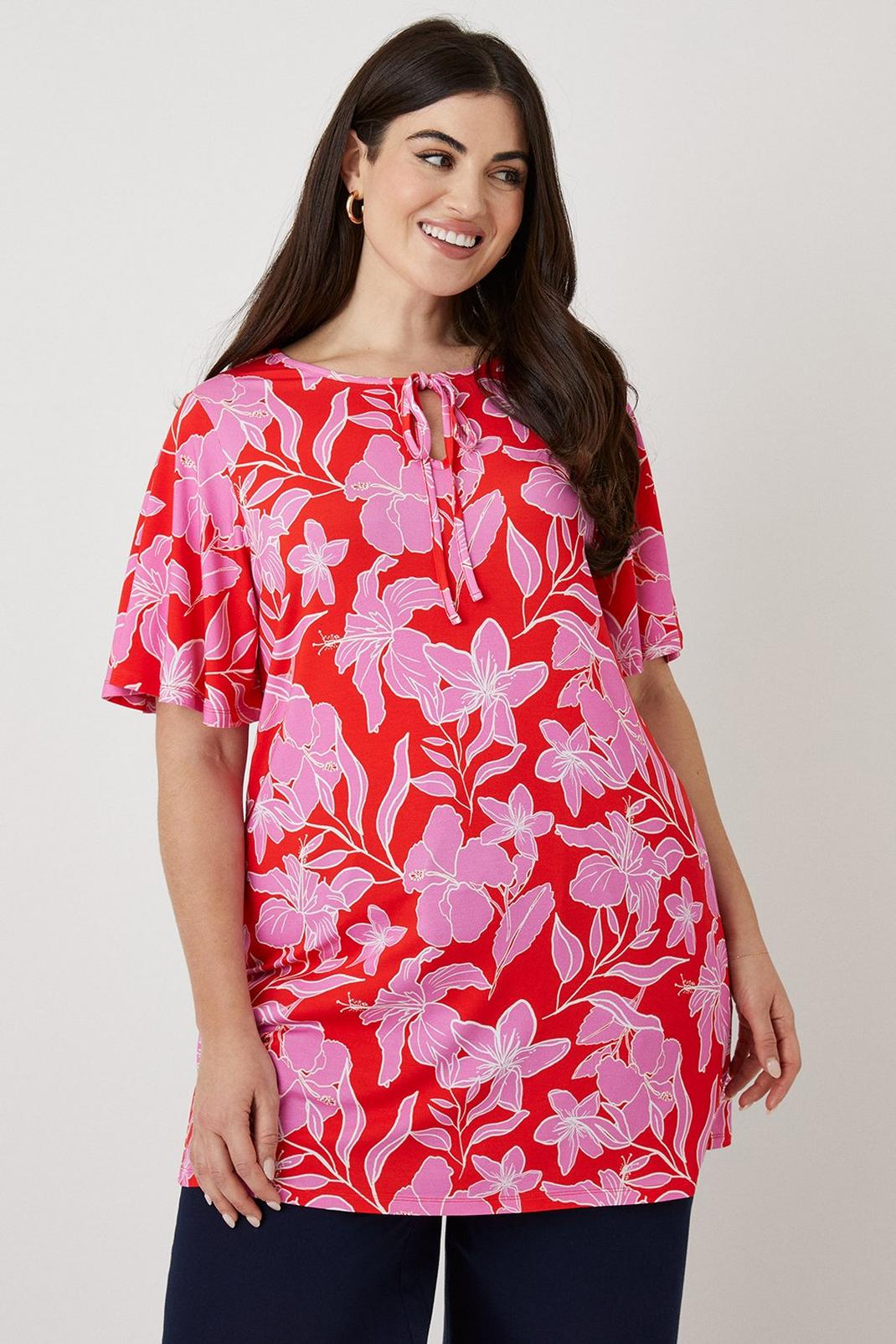 Curve Pink Floral Frill Sleeve Jersey Tunic image number 1