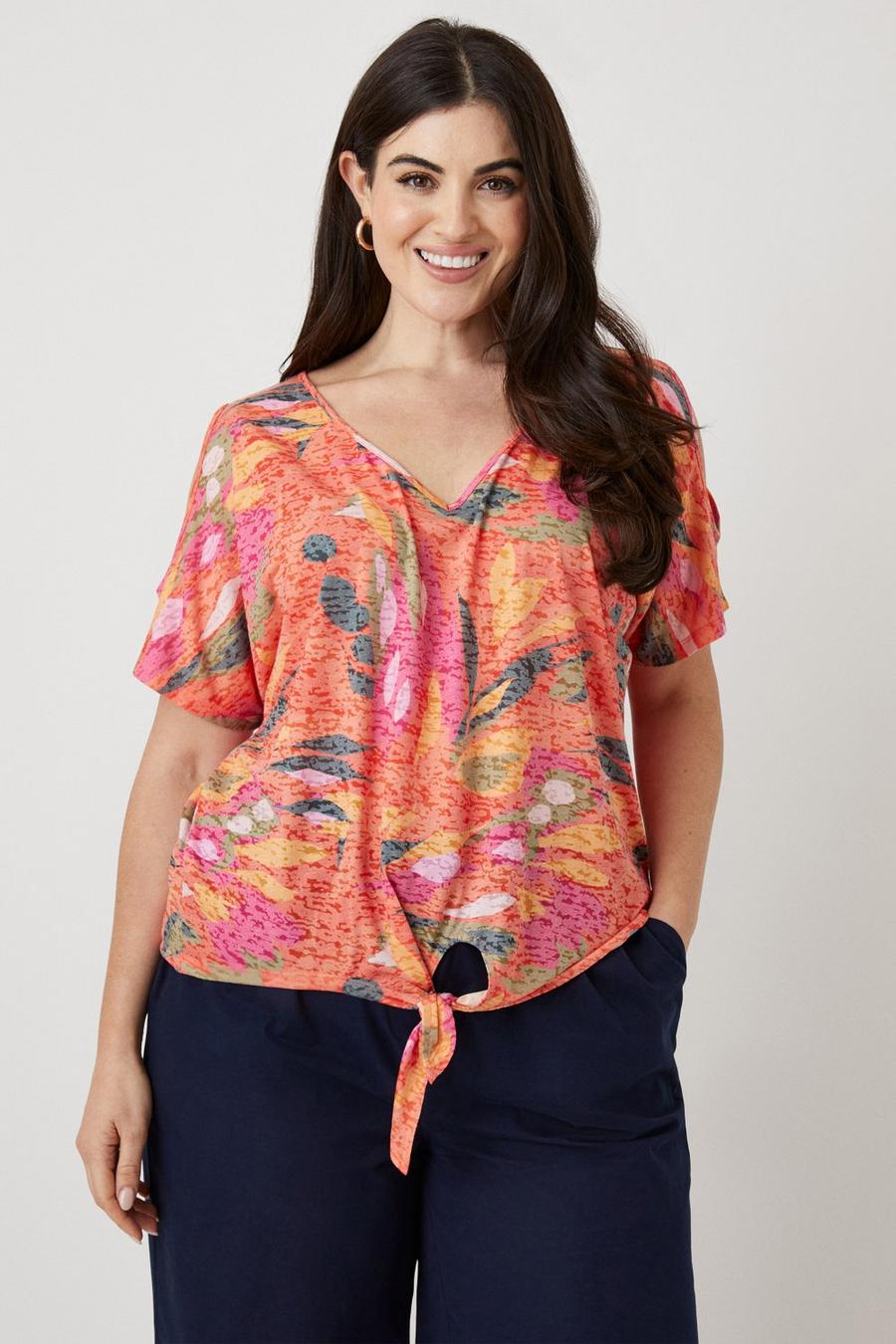 Curve Multi Butterfly Burnout Tie Front Jersey Top