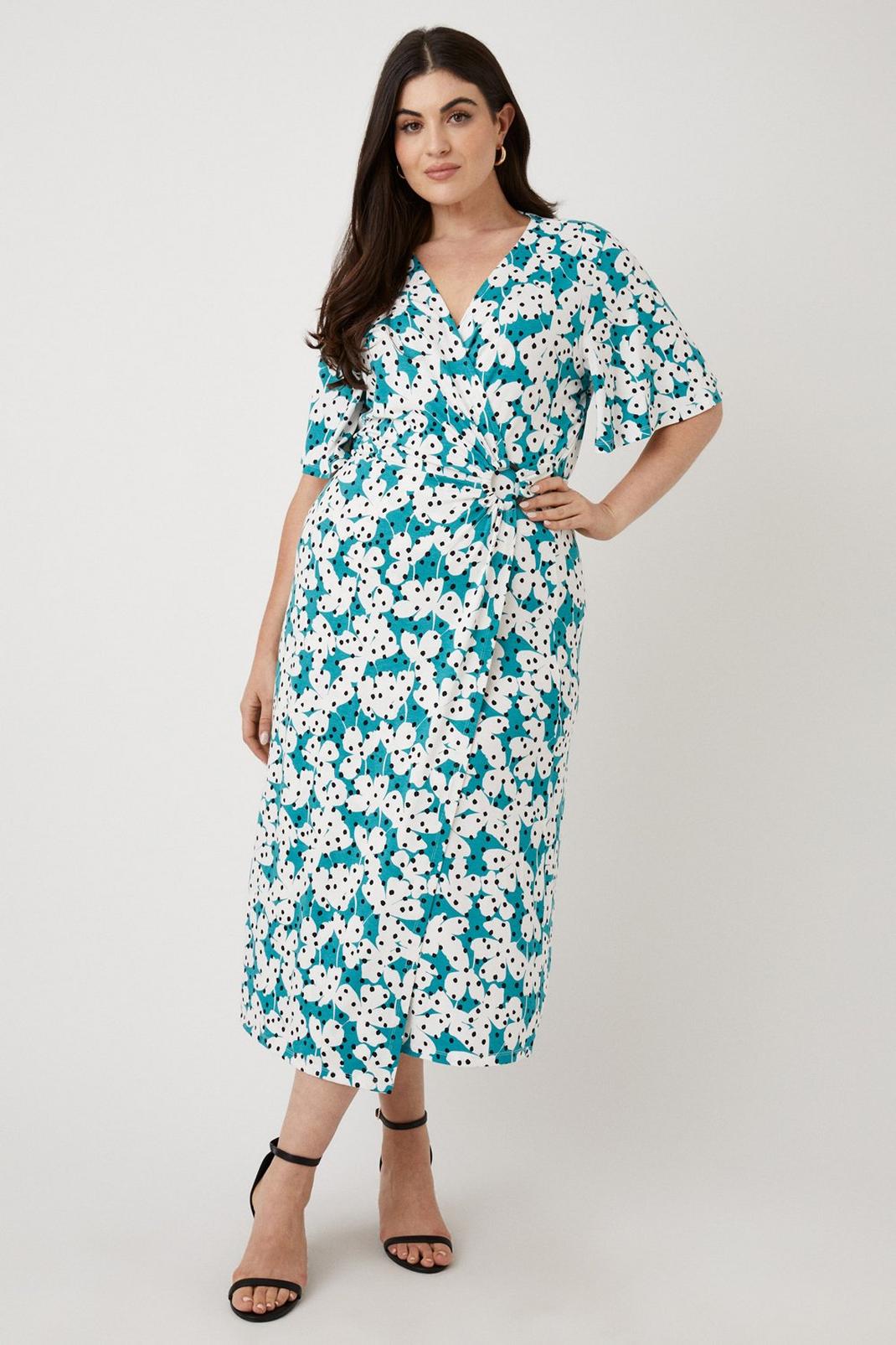 Curve Green Floral Spot Angel Sleeve Jersey Midi Dress image number 1