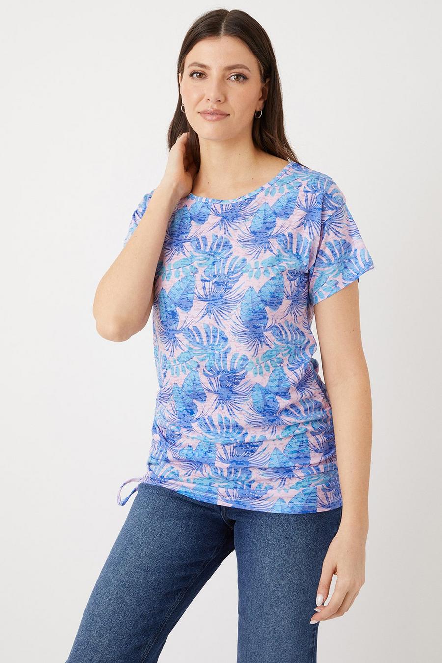 Blue Palm Ruched Side Detail Jersey Top