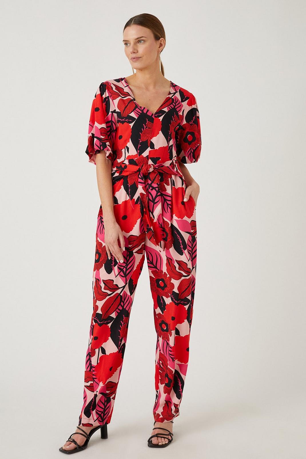 Red Floral Puff Sleeve Jumpsuit image number 1