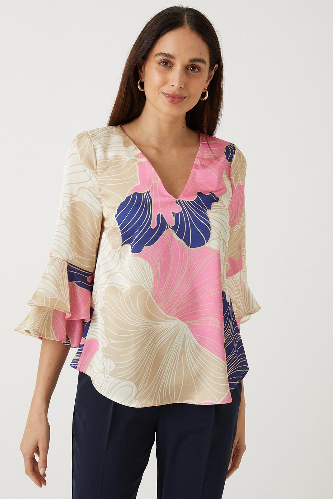 Multi Floral Satin Flute Sleeve Shell Top image number 1