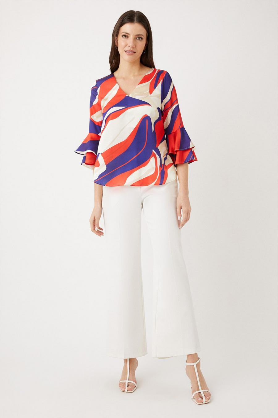 Red Abstract Satin Flute Sleeve Shell Top