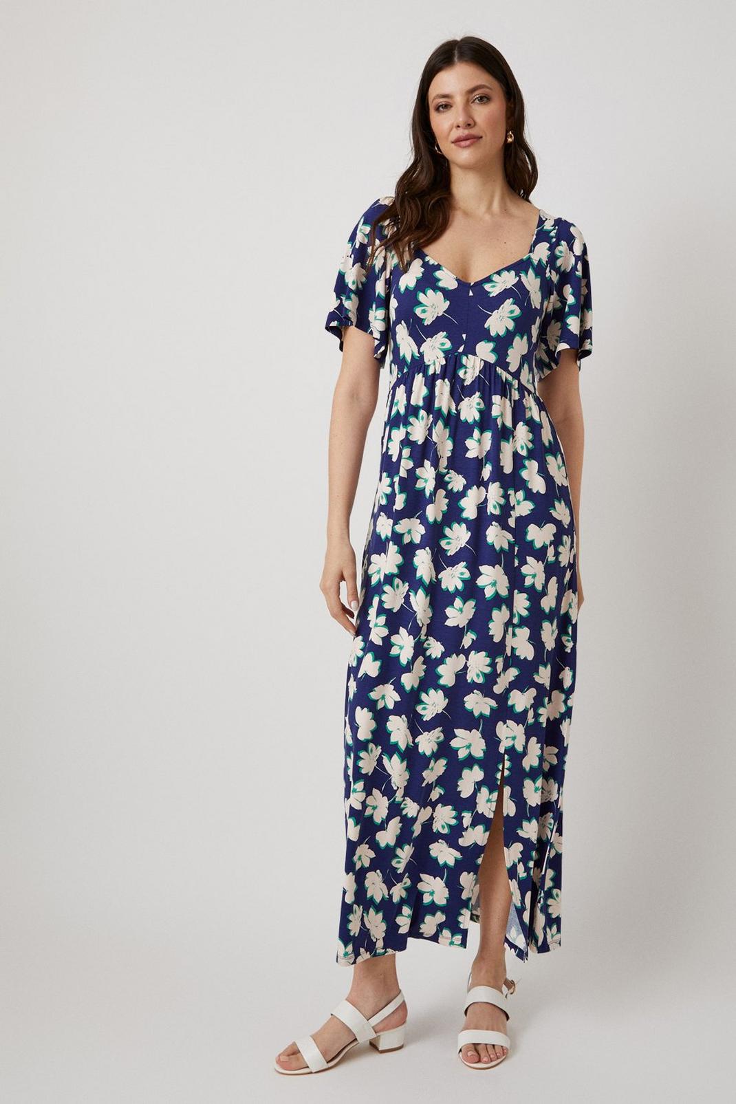 Navy Floral Angel Sleeve Jersey Maxi Dress image number 1