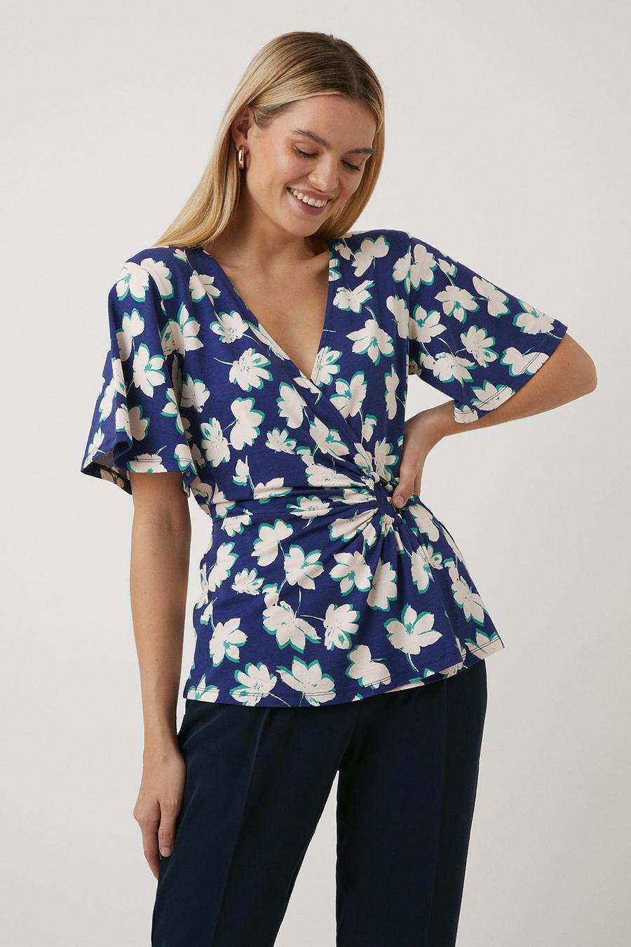 Navy Stencil Floral Ring Wrap Jersey Top
