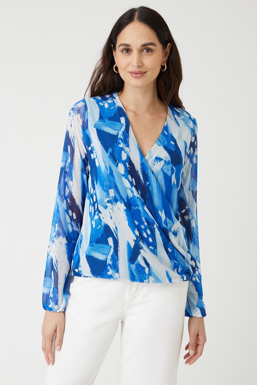 Blue Abstract Long Sleeve Wrap Top