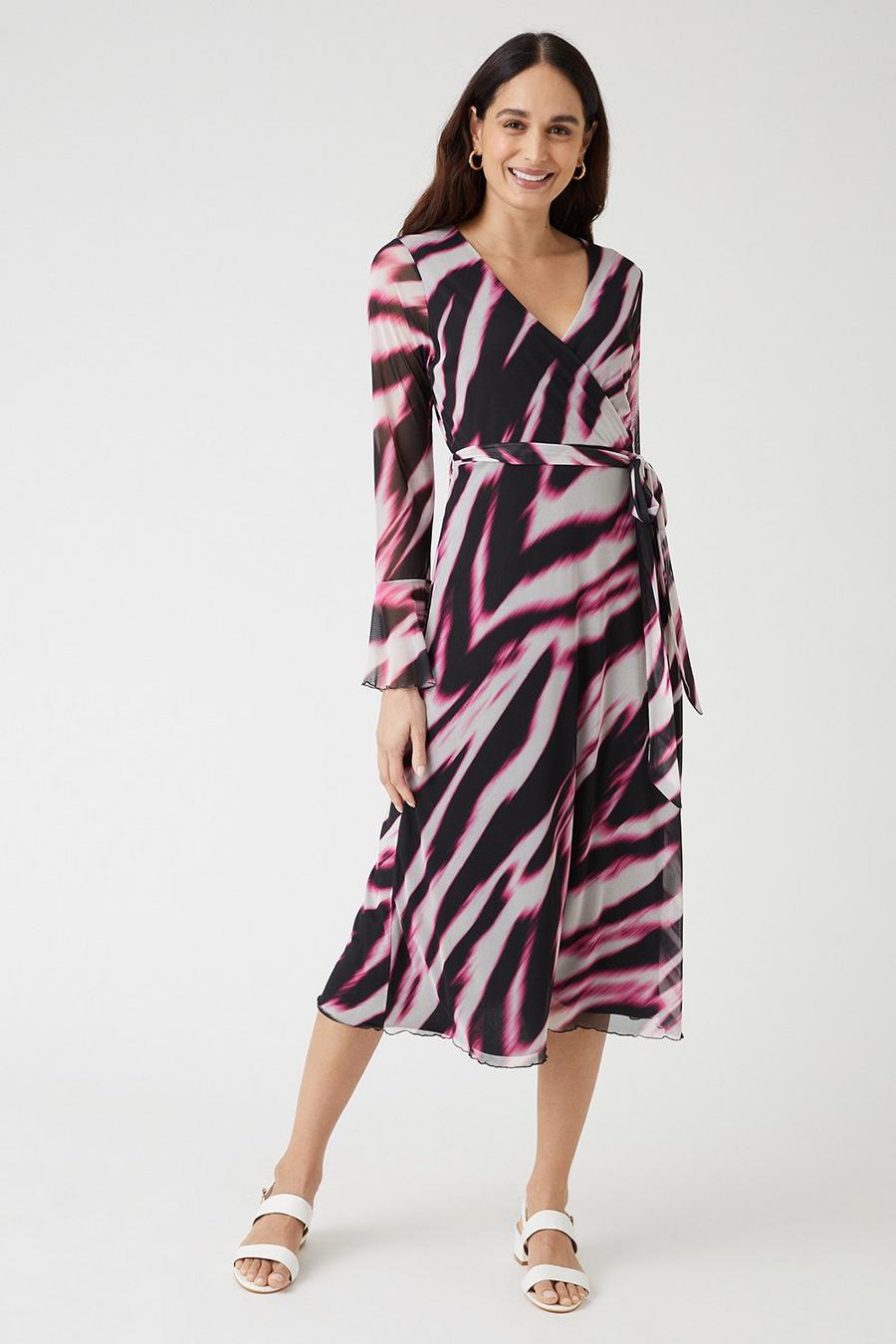 Pink Abstract Belted Wrap Midi Dress