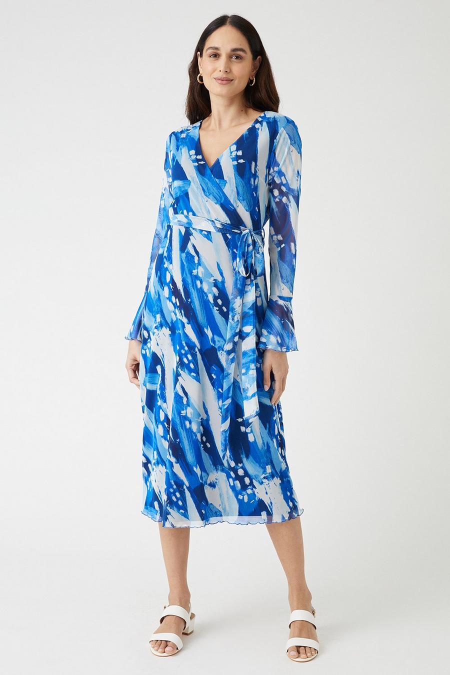 Blue Abstract Belted Wrap Midi Dress