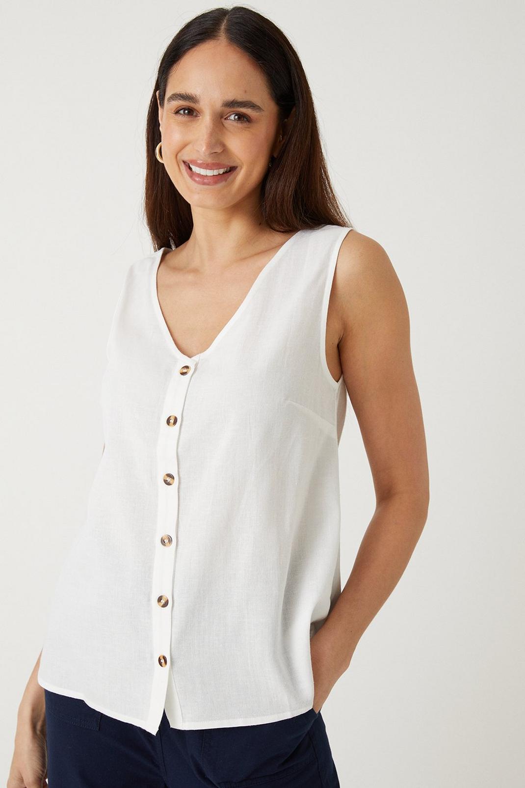 White Linen Look Button Through Shell Top image number 1