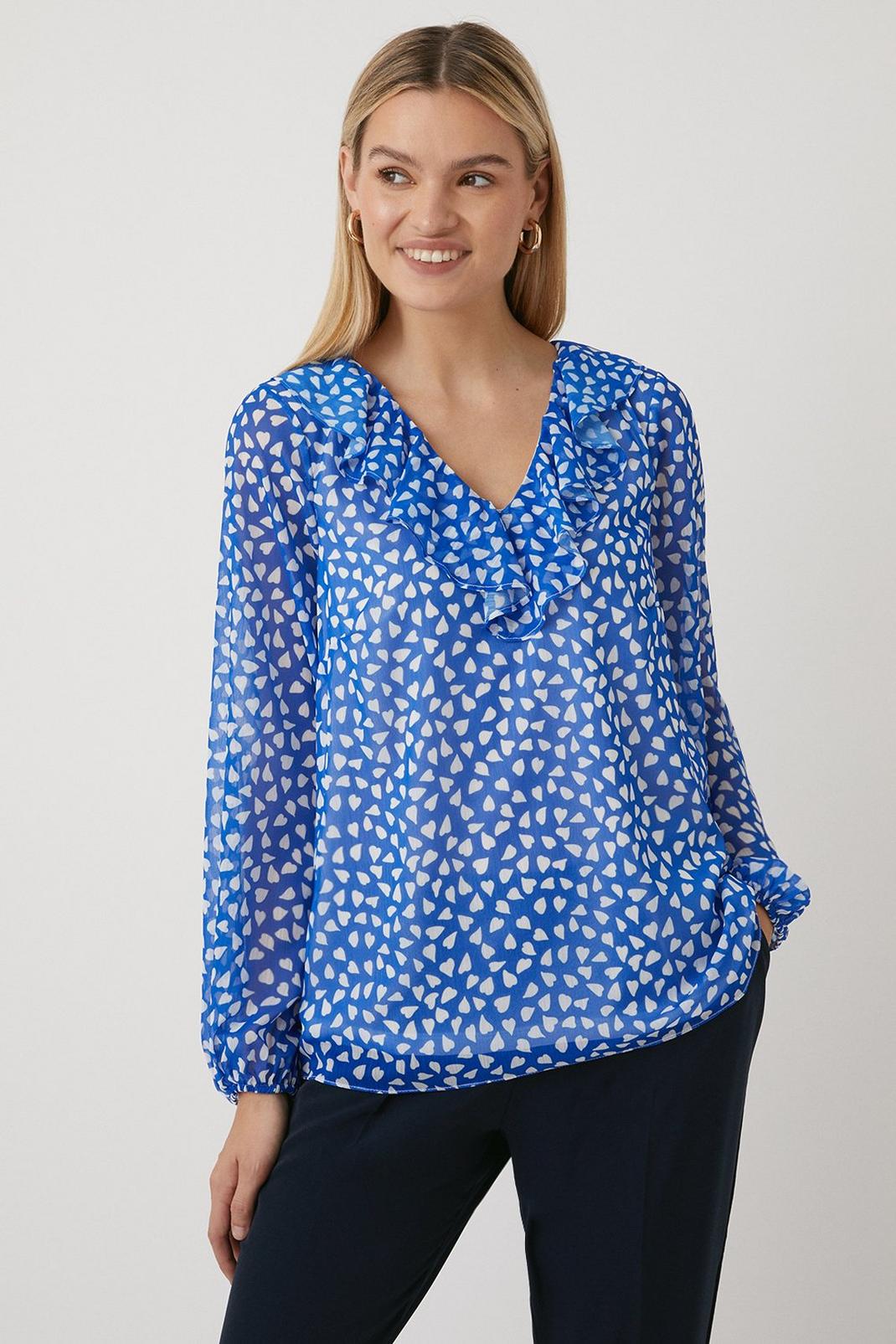 Mid blue Heart Print Frill Top image number 1
