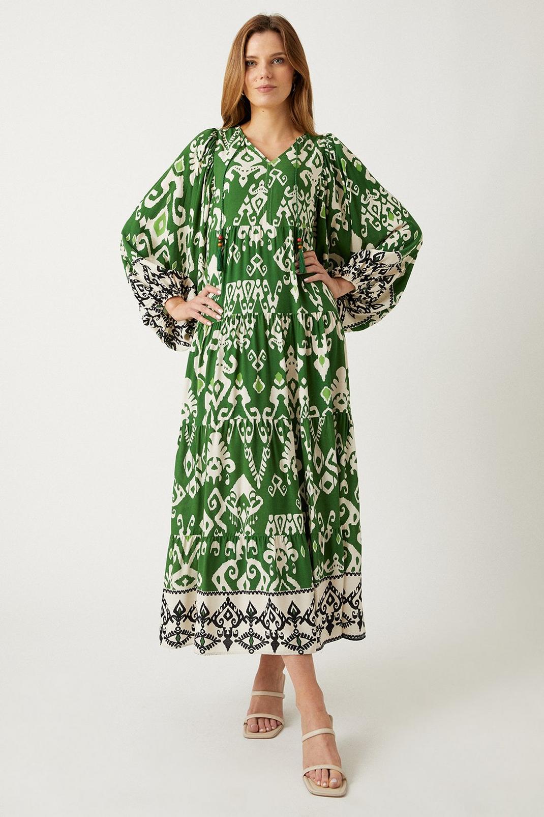 Green Paisley Border Print Kaftan Maxi Dress image number 1
