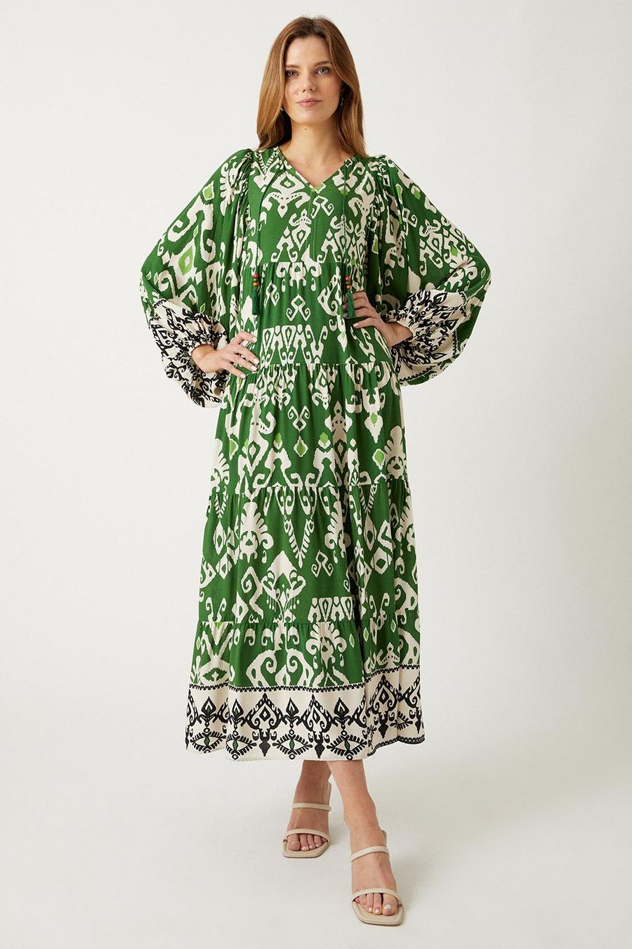 Green Paisley Border Print Kaftan Maxi Dress