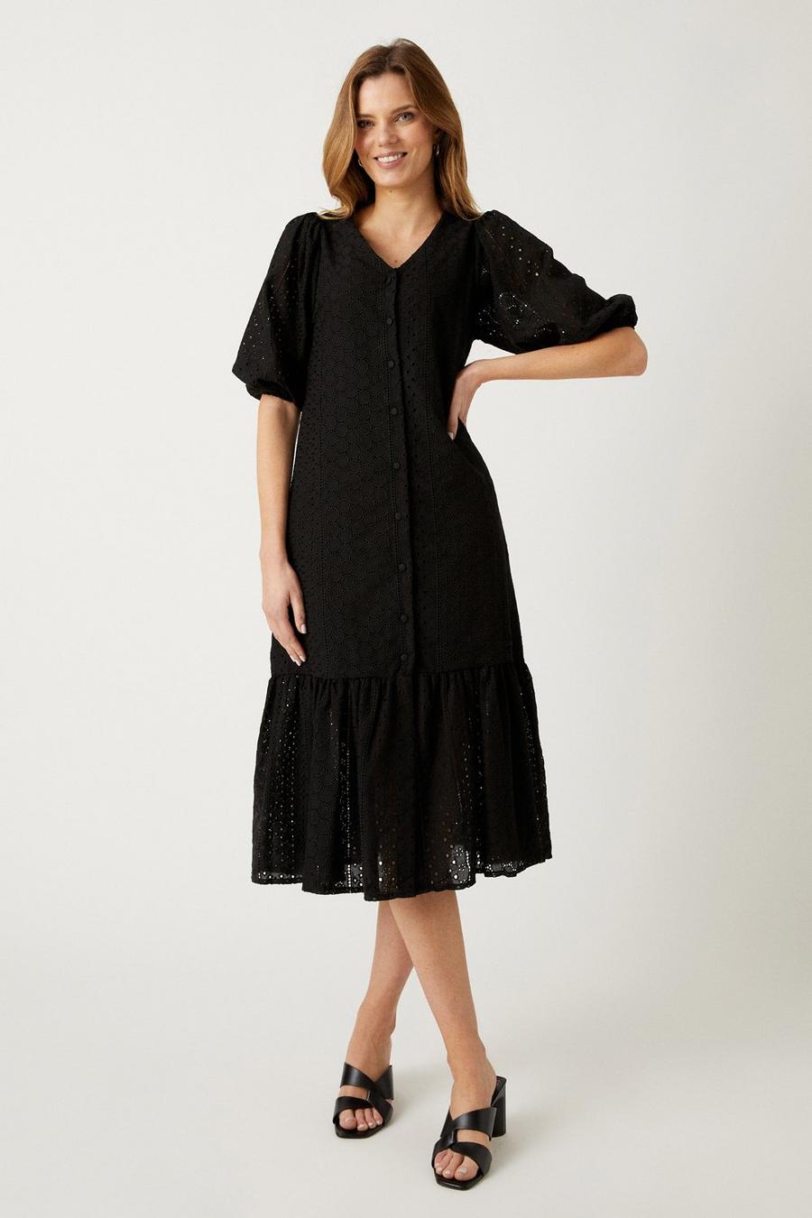 Button Front Broderie Puff Sleeve Midi Dress