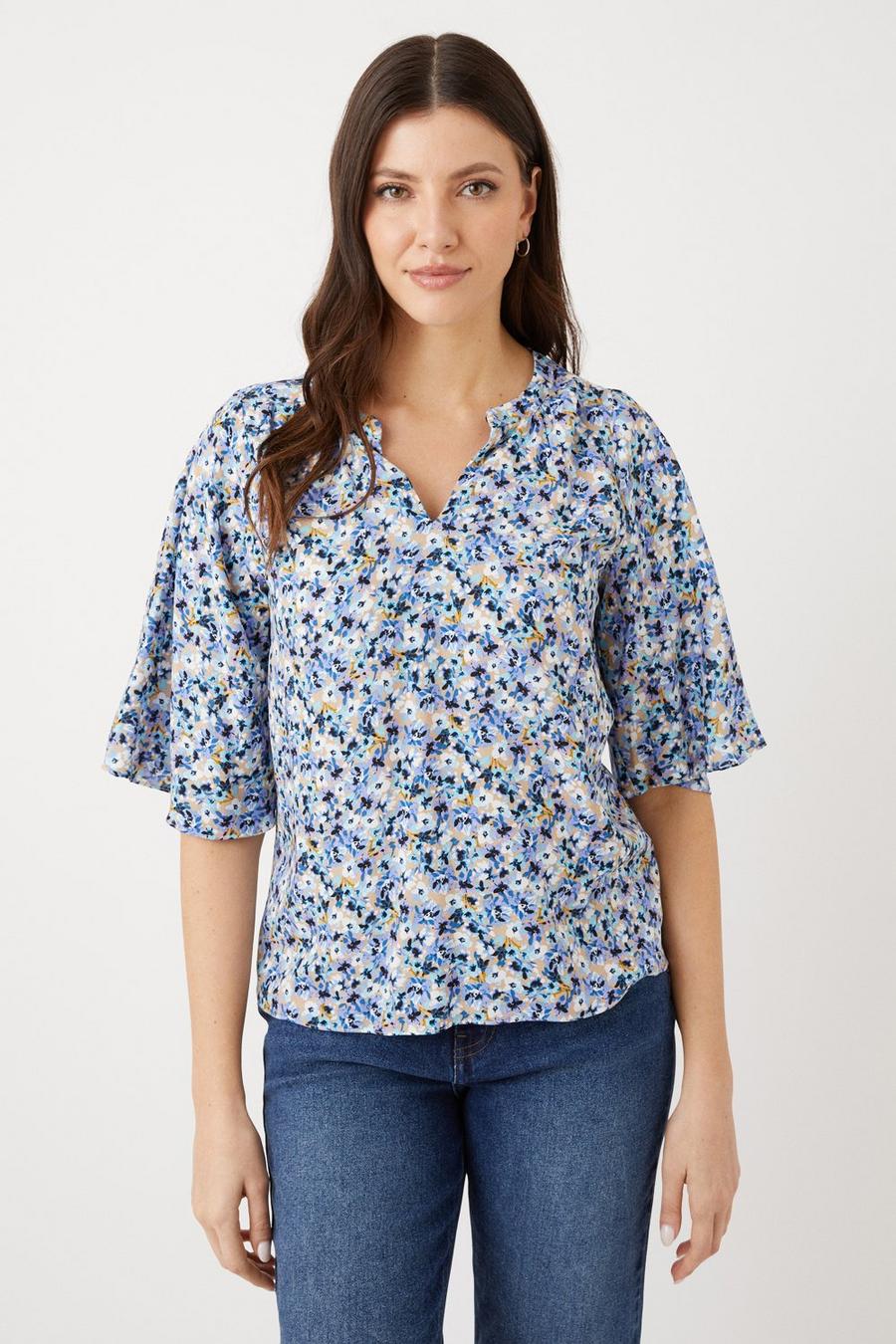Navy Ditsy Floral Flute Sleeve Top
