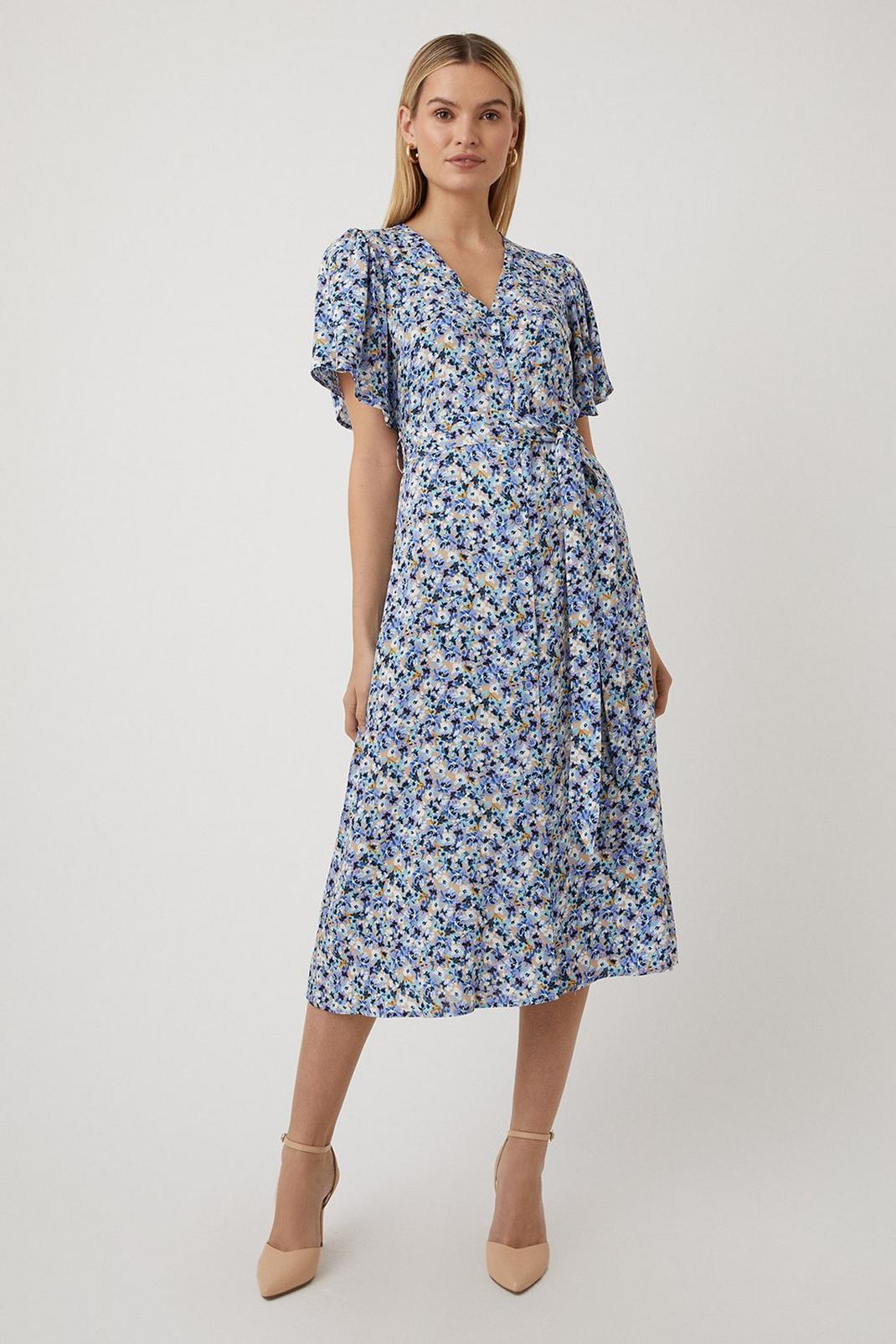 Navy Ditsy Floral Button Through Midi Dress  image number 1