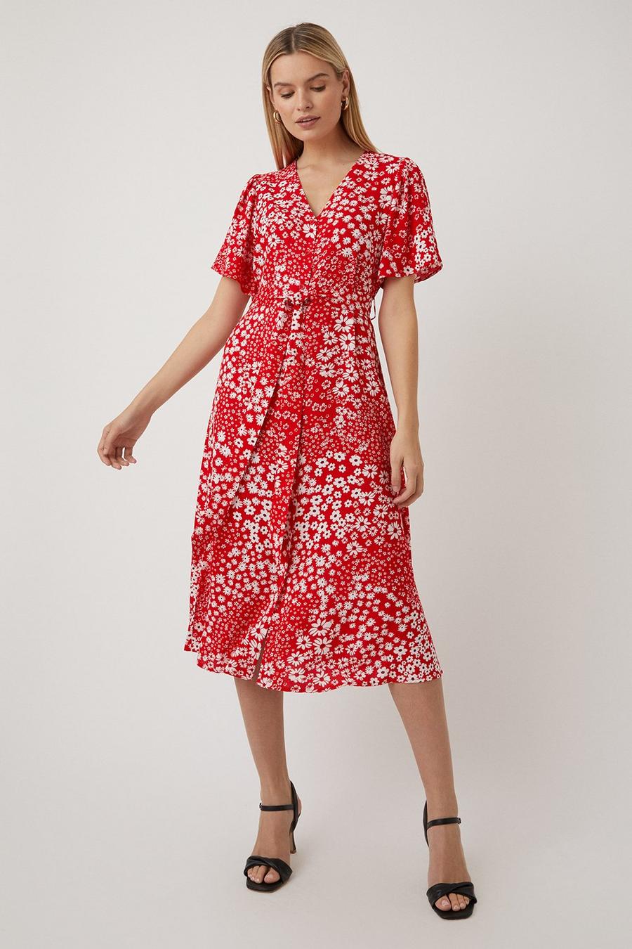 Red Ditsy Floral Button Through Midi Dress