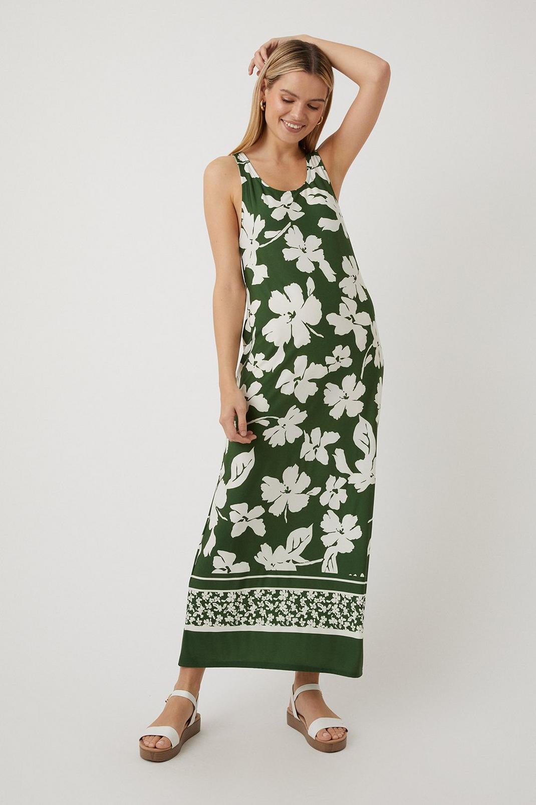Khaki Floral Border Print Maxi Dress image number 1