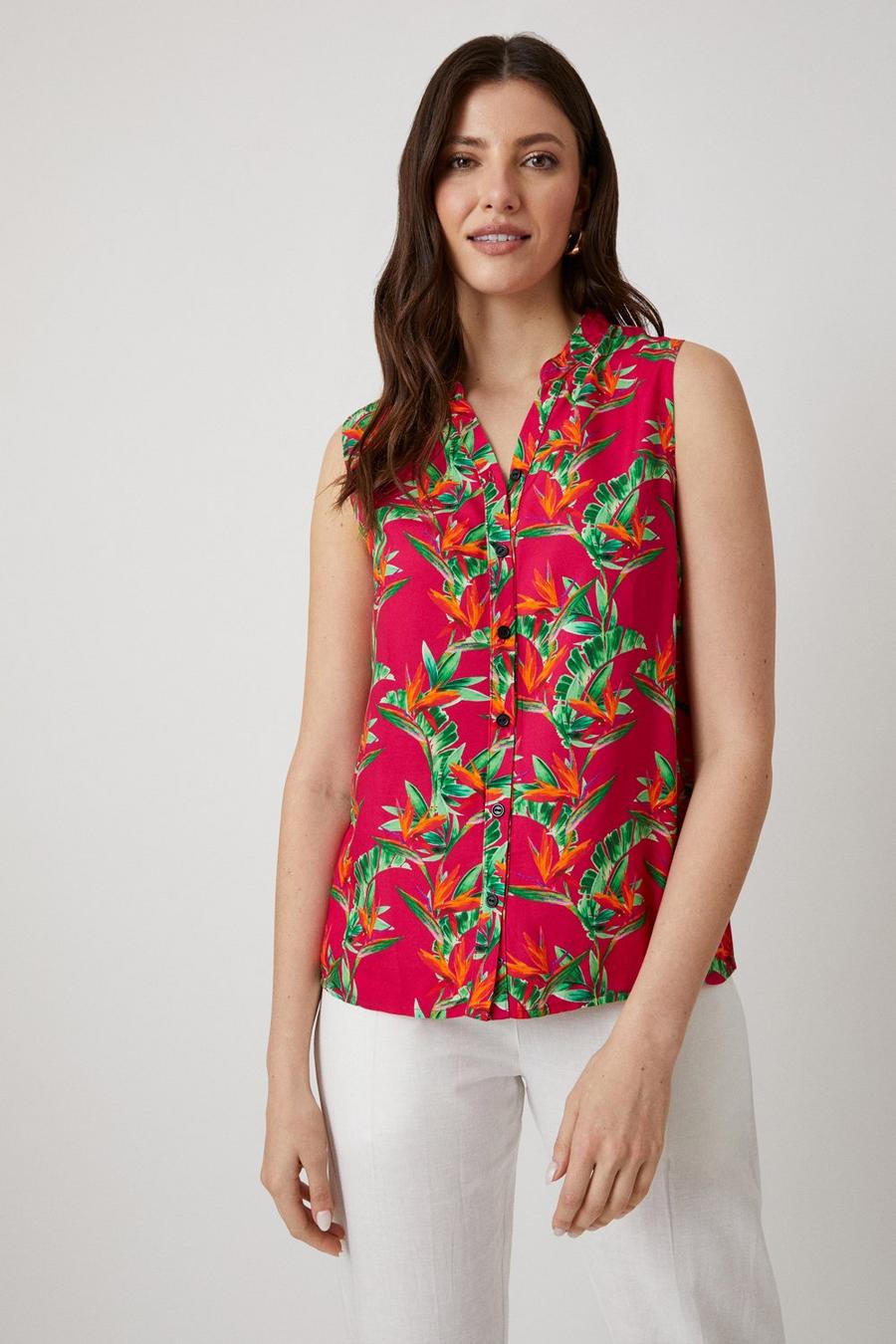Pink Tropical Print Sleeveless Shirt