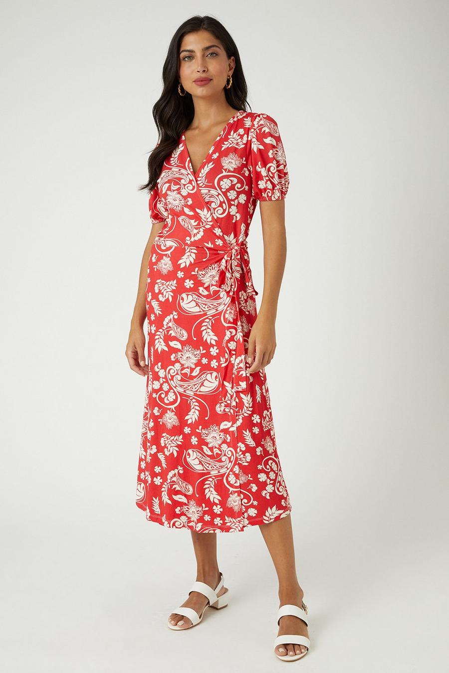 Red Floral Jersey Wrap Dress