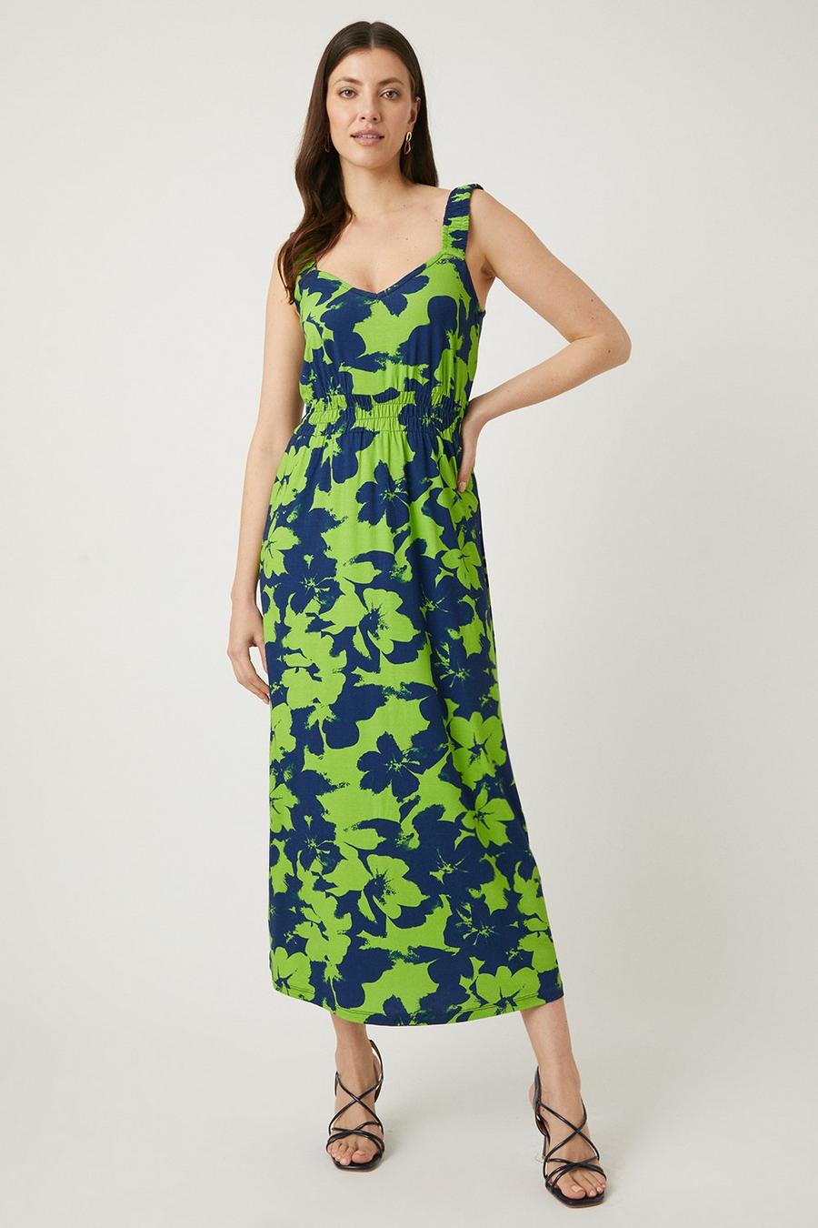 Navy Floral Ruched Jersey Midi Dress