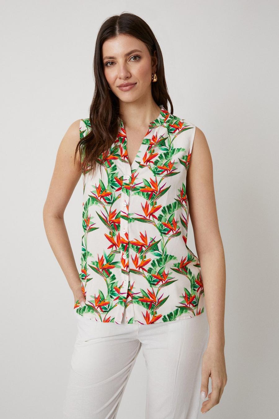 Cream Tropical Print Sleeveless Shirt