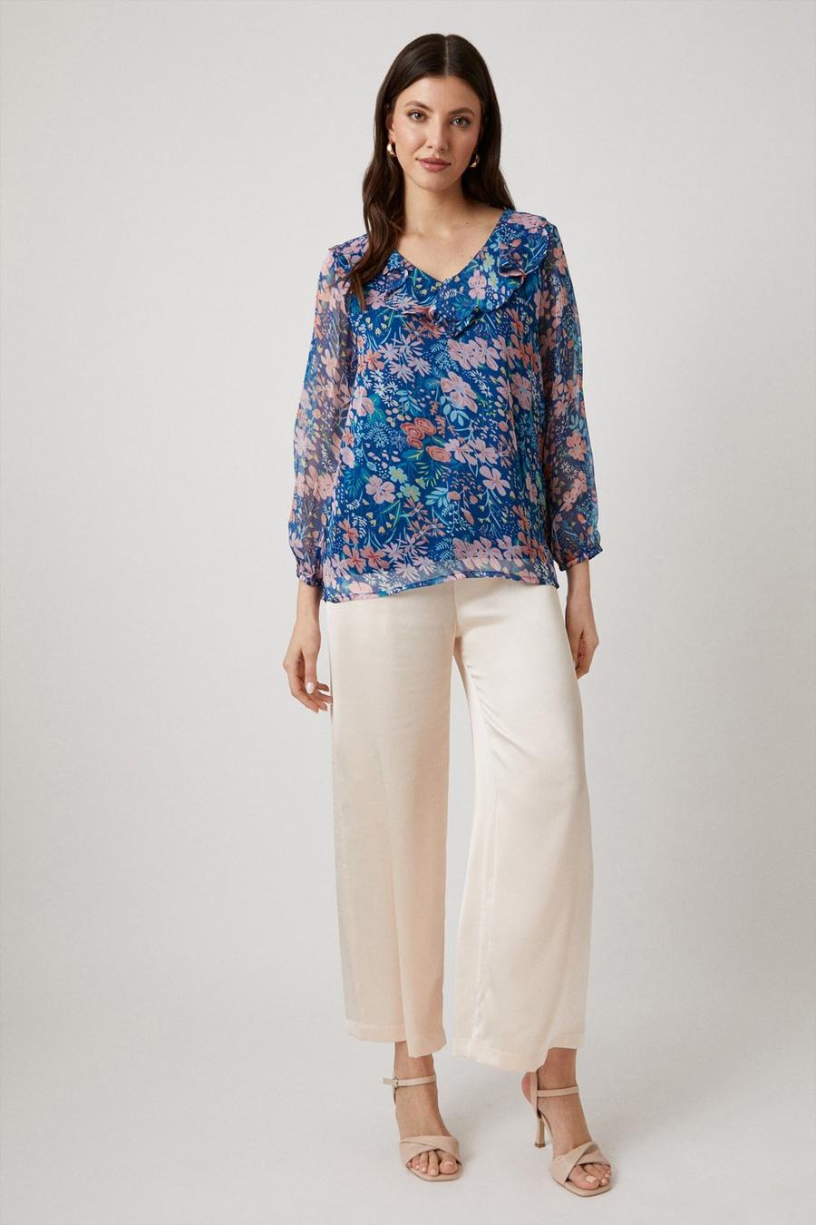 Blue Ditsy Floral Frill Front Blouson Sleeve Top