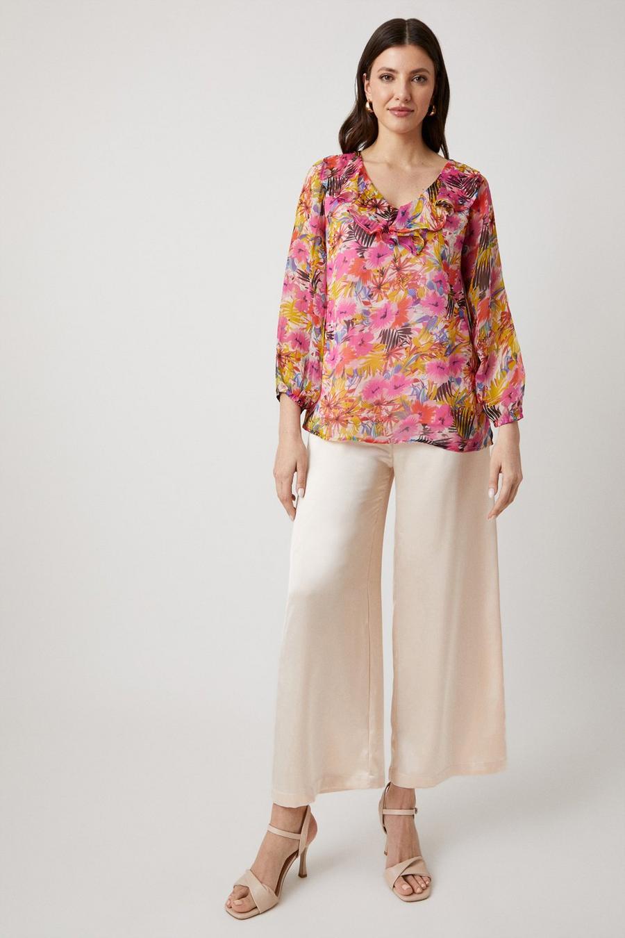 Multi Floral Frill Front Blouson Sleeve Top