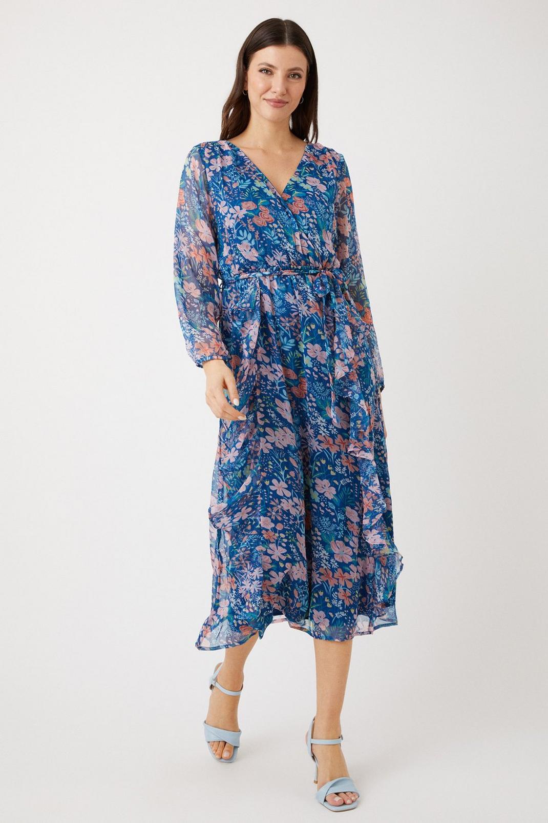 Blue Ditsy Floral Frill Wrap Front Midi Dress image number 1