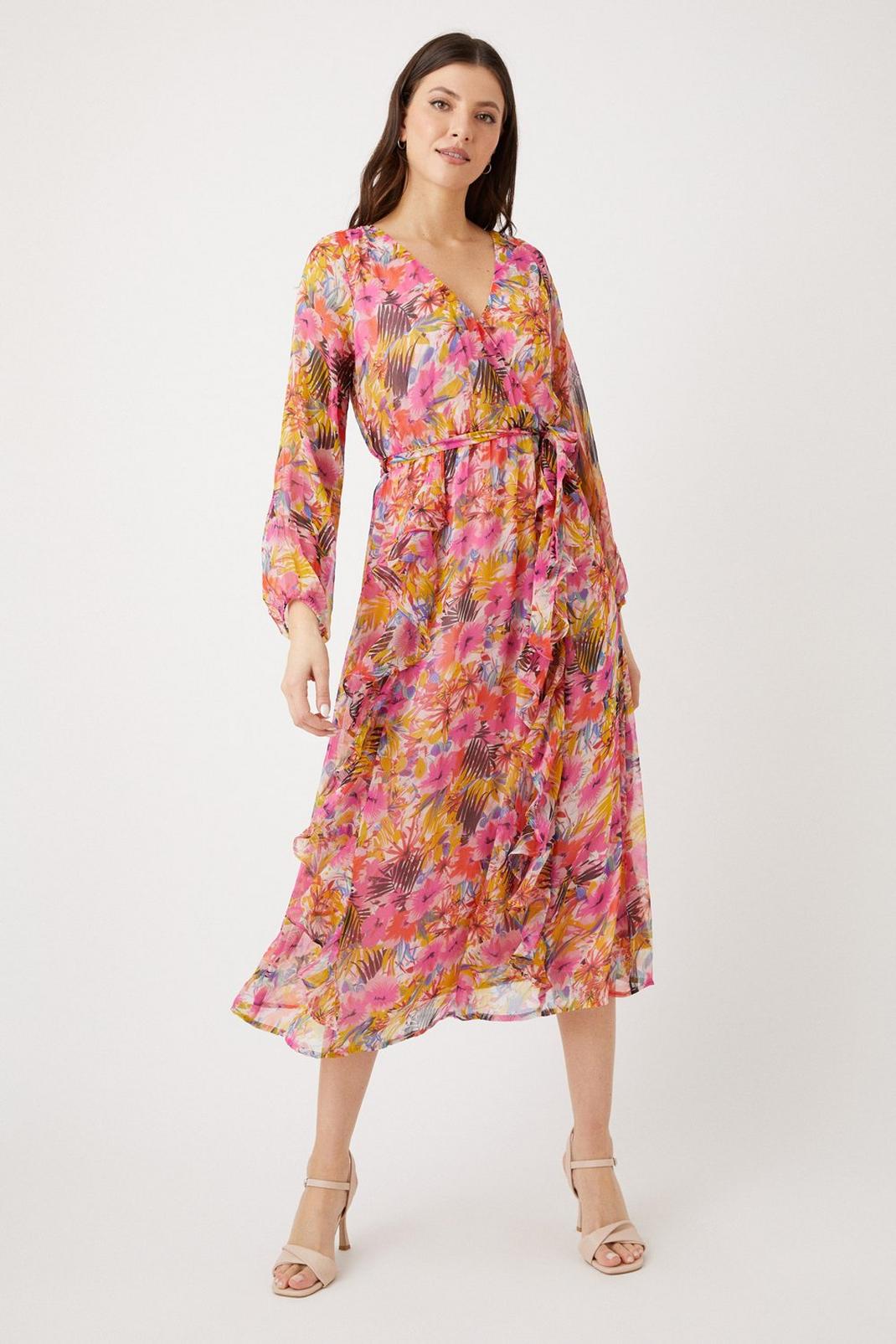 Pink Multi Floral Frill Wrap Front Midi Dress image number 1
